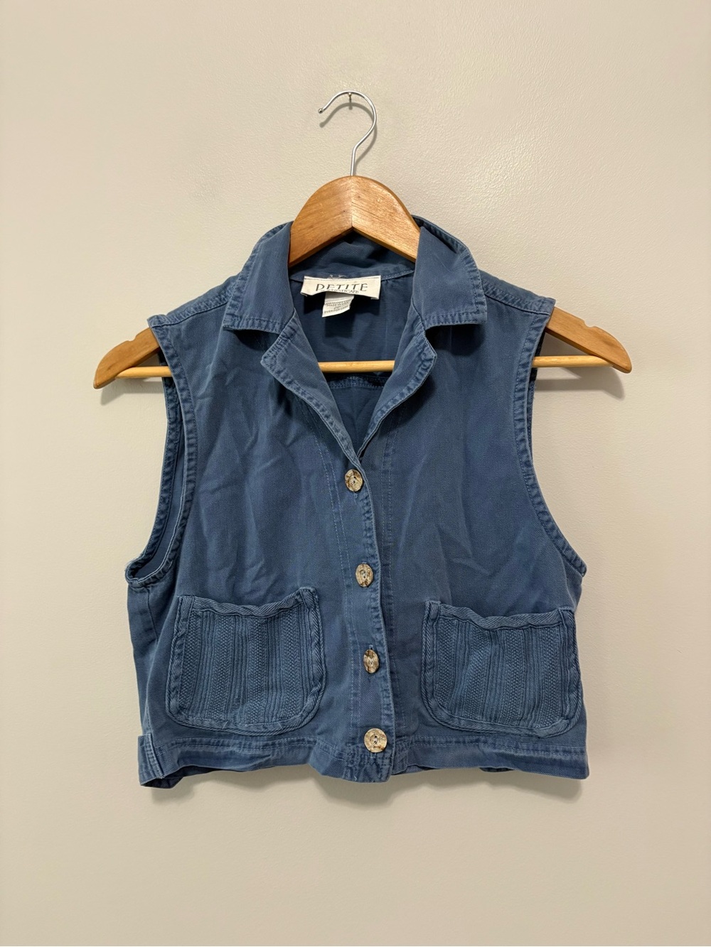 Vintage Petite Sophisticate Cottagecore Blue Cotton Button-Front Storage Vest